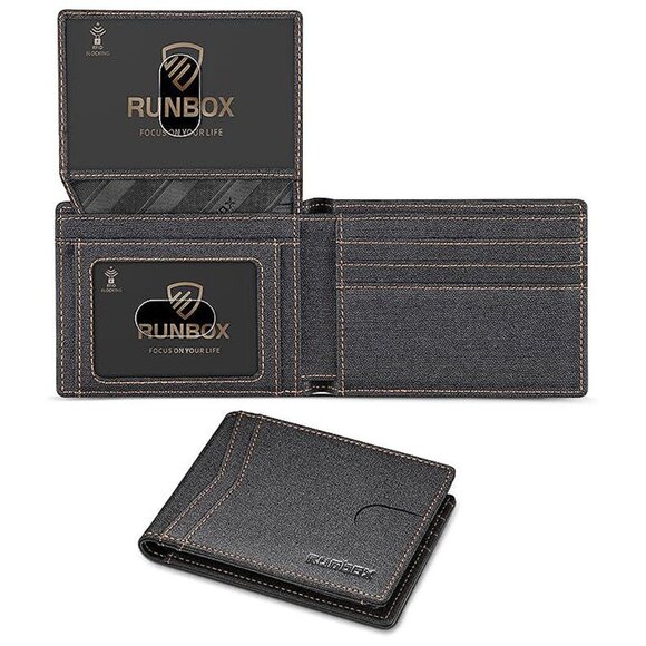Wallet for Men Slim Rfid Leather 2 ID Window With Gift Box Fabric Pattern Black
